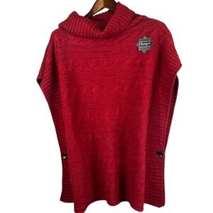 b. Boutique Womens One Size Cable Knit Poncho Red Button Cape Sweater Cozy